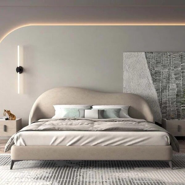 Modern Upholstered Bed with Curved Headboard – Luxury Fabric Frame