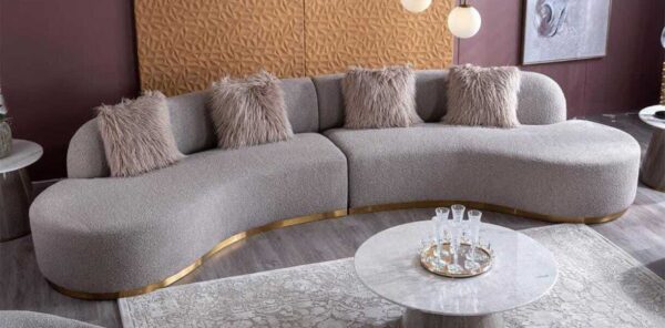 Modern Curved Sofa with Gold Base - Luxury Gray Bouclé Couch for Stylish Living Rooms