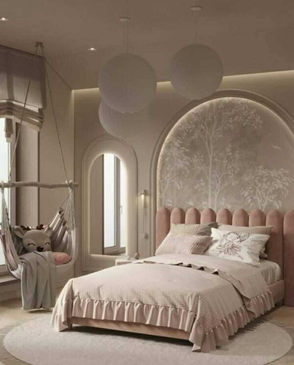 Kids’ Bed with Scalloped Headboard and Neutral Design - Luxury Bedroom Furniture