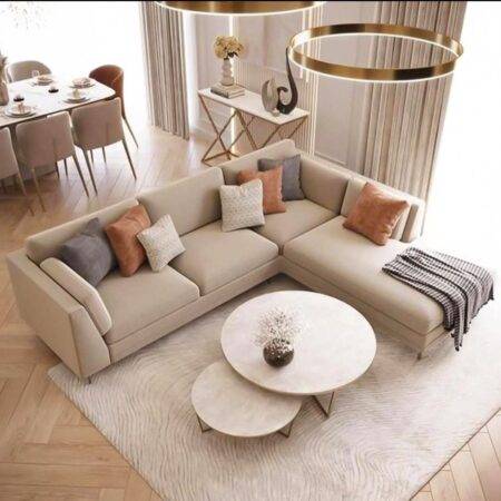 "Modern Beige L-Shaped Sectional Sofa with Gold Accents - Luxury Living Room Furniture"