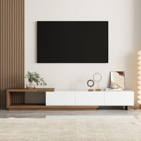 Modern TV Stand with Cladding - Retracted & Extendable 3-Drawer Media Console Walnut