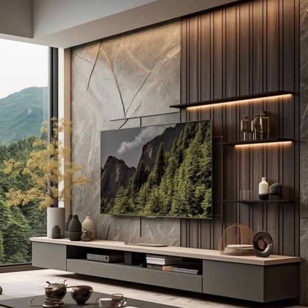 Luxury Modern TV Unit with Marble & Wood Paneling