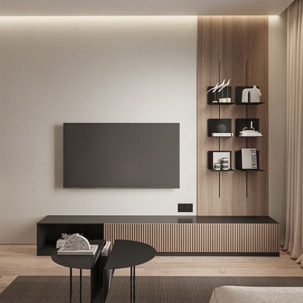 Minimalist Black & Wood TV Unit with Floating Shelves