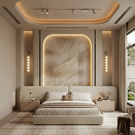 Curved Upholstered Bed Frame with Panel Set