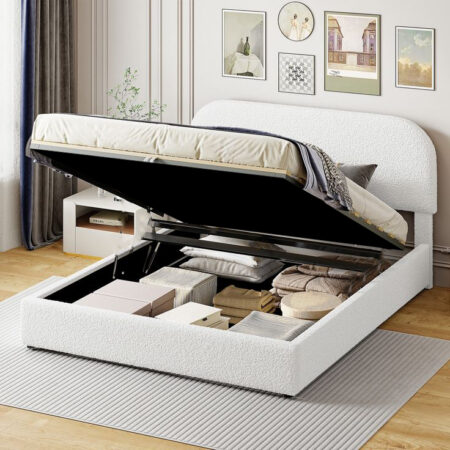 Luxury Hydraulic Storage Bed with Soft White Upholstery