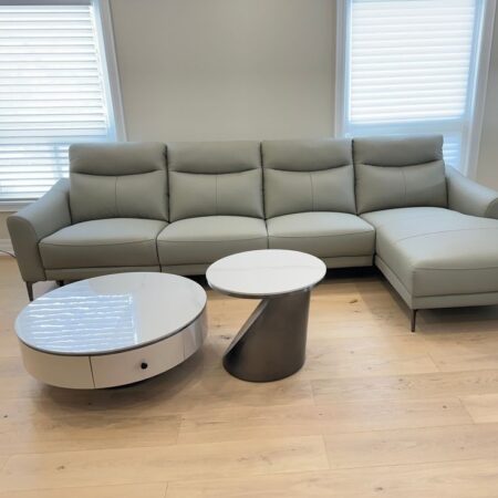 Grey Leather Tufted 4-Seater Sectional Sofa