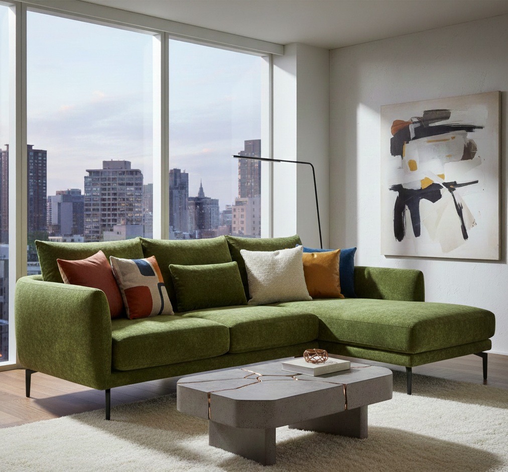 Olive Aura L-Shape Fabric Sofa