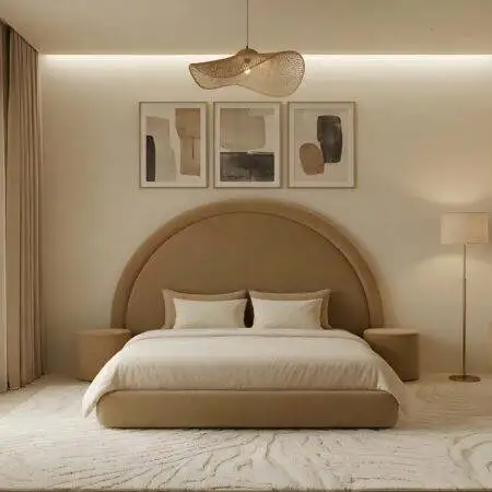 Camel Beige Upholstered Arch Headboard Bed