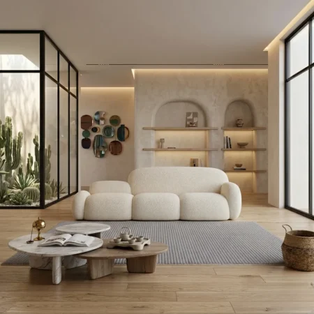 modern curved bouclé sofa