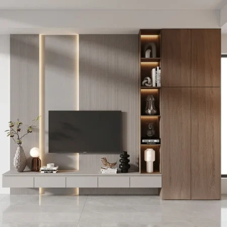 Aalix Fluted TV Wall Panel with Storage Tower