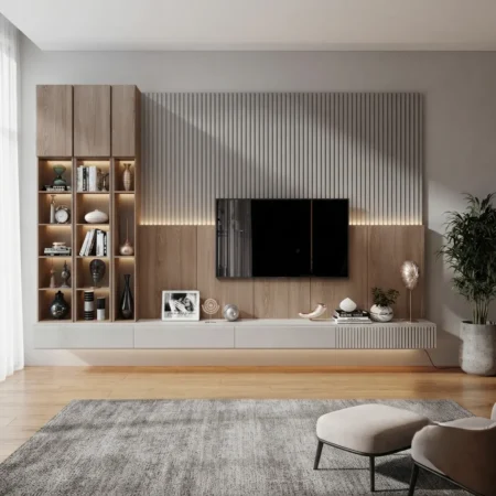 Aadvin Floating TV Unit with Slat Wall & Display Shelves
